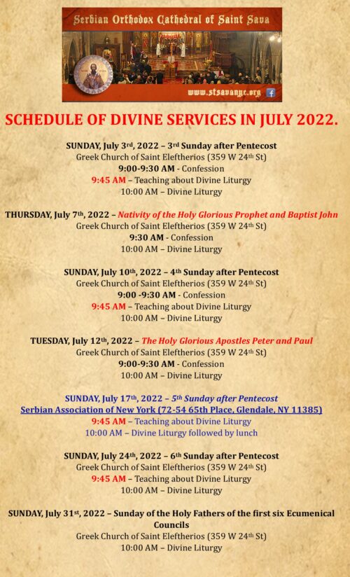 SCHEDULE OF DIVINE SERVICES IN JULY 2022